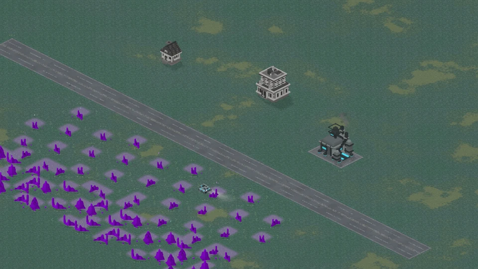 In-engine scene of spreading crystal deposits beside a settlement, refinery and harvester.