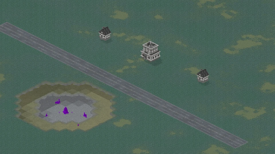 In-engine scene of a crystal-filled impact crater beside a road and civilian settlement.