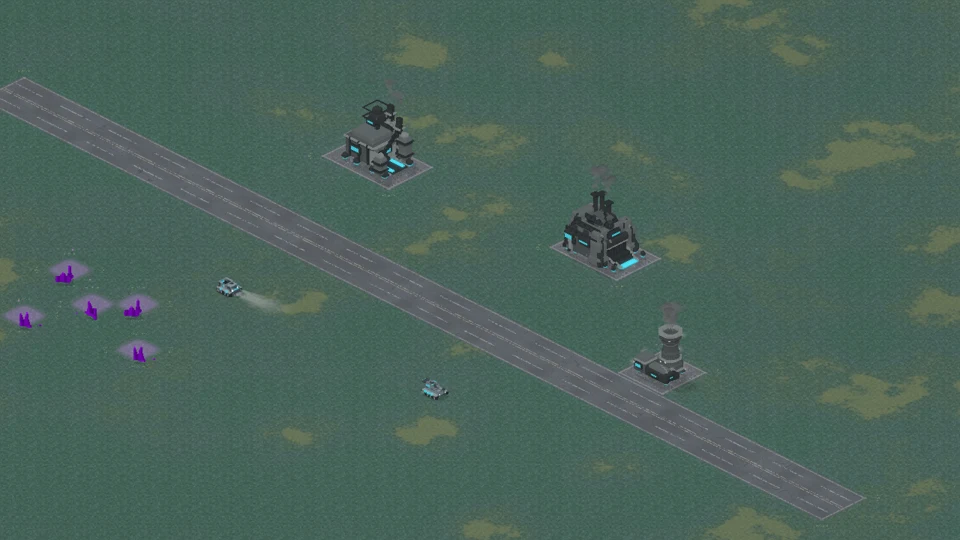 In-engine scene of a refinery, factory, power relay, tank and harvester near crystal deposits.
